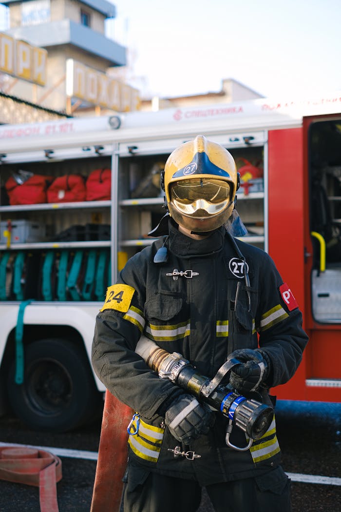 A firefighter in protective suit holding a hose by a fire truck, ready for action.